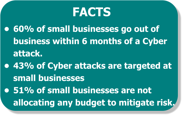 FACTS �	 60% of small businesses go out of  business within 6 months of a Cyber  attack. �	 43% of Cyber attacks are targeted at  small businesses �	 51% of small businesses are not allocating any budget to mitigate risk.